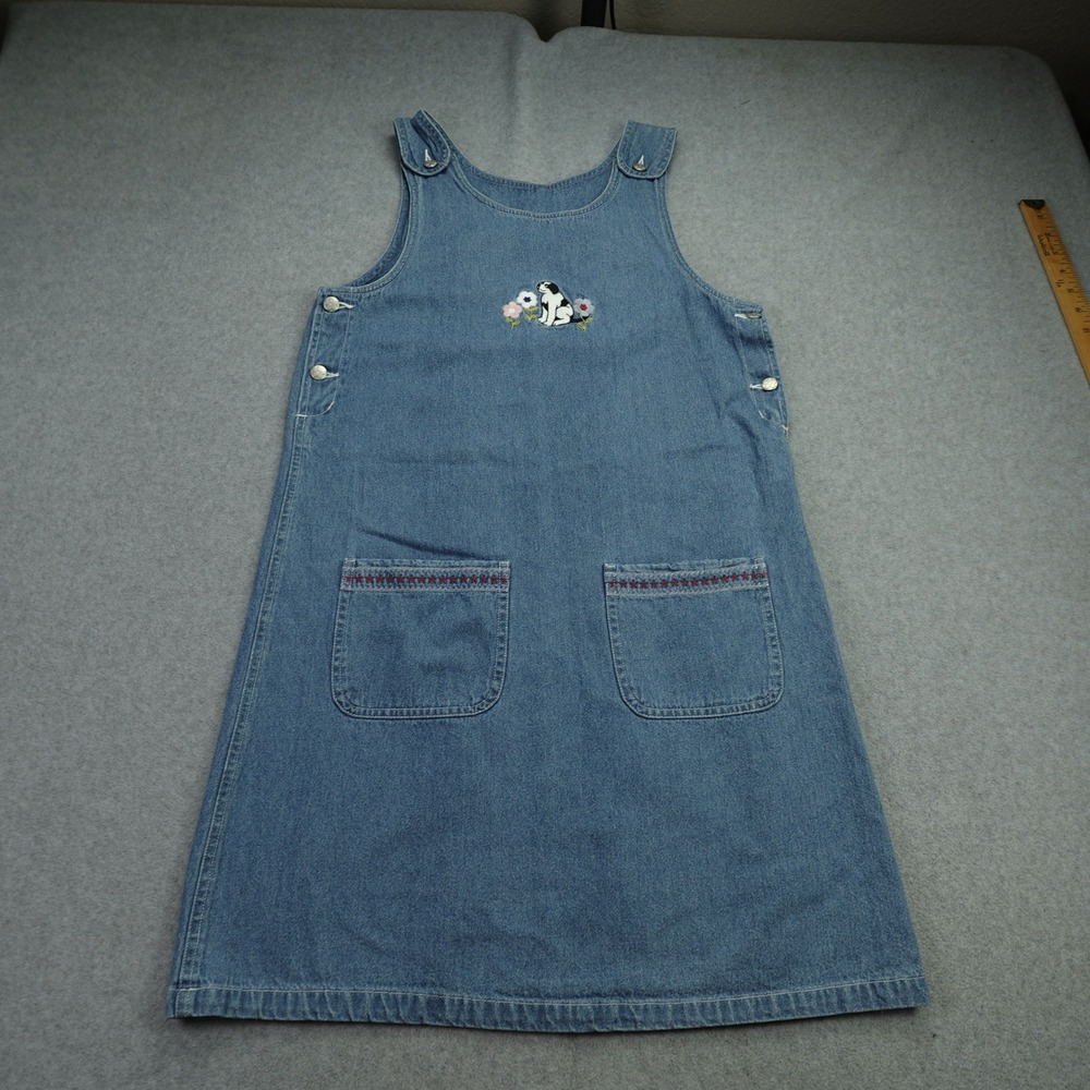 Vintage Big Dogs Dress Womens Small Blue Jumper Denim 90s Embroidered Dog Floral